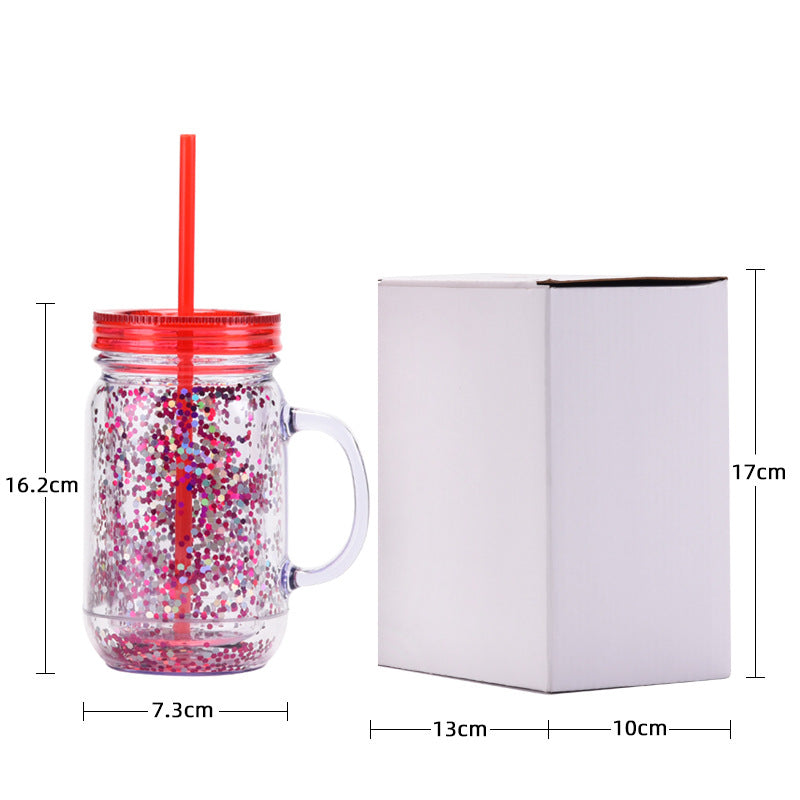 Wholesale Transparent Glitter Plastic Canned Cup with Handle Double Layer Plastic with Straw